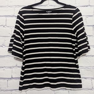 Kate Park Black & White Striped Shirt Bell Sleeve Top Women's Size Petite Large